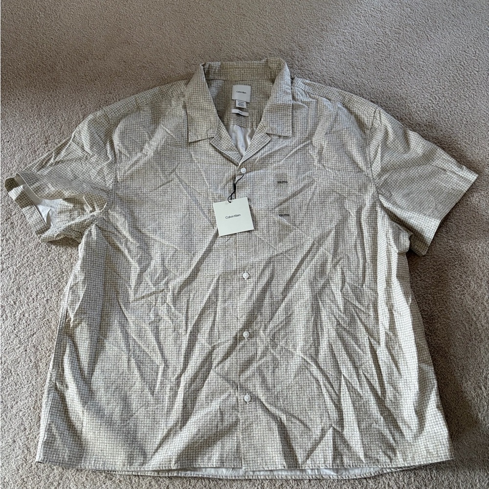 NWT Calvin Klein Men's Checkered Beige Short Sleeve Shirt XXL